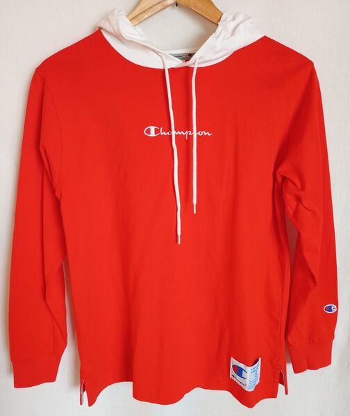 メンズ Champion チャンピオン ロングスリーブ フードTシャツ Sサイズ 赤×白のバイカラー レッド コットン 綿 長袖 カットソー