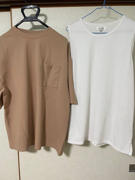 【2点セット】梨地ポケット付きクルービッグTシャツ＆ロングタンクトップアンサンブルセット