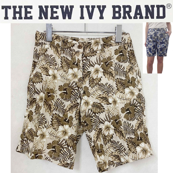 新品 S ★ コストコ THE NEW IVY BRAND レディース ハーフパンツ US-XS 花柄 リネン混 麻 ショートパンツ ウエストゴム ハイビスカス 南国