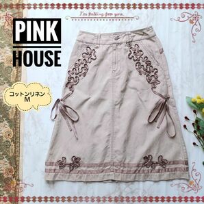 【PINK HOUSE ピンクハウス】コットンリネン スカート リボン刺繍 M 麻 リネン 台形