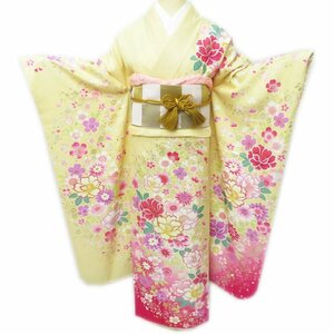 ★きもの北條★ 振袖　着物 　正絹　花模様　桜　刺繍　銀通し　成人式　結婚式　結納 パーティー　トール　A767-7 L【中古】