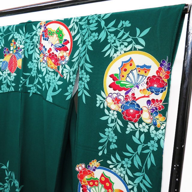 振袖着物中古リサイクル正絹袷フォーマル紅型花模様蝶緑色多色身丈