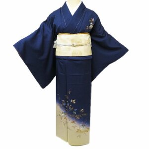  tsukesage attaching lowering kimono unused silk . formal author thing .. plant writing sama navy blue blue color length 160.5cm.66.5cm M kimono north .A829-9