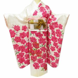 ★きもの北條★ 振袖 着物 正絹 花模様 地模様 金駒刺繍　リサイクル 成人式 結婚式 結納 パーティー トール　A787-9 M【中古】