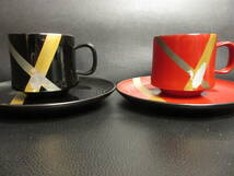 《食器》茶器 「漆塗り系 コーヒーカップ&ソーサー 2客セット」 カップの高さ：約6.5cm・口：約6.8cm 剥げ、擦れ有り 珈琲_画像2