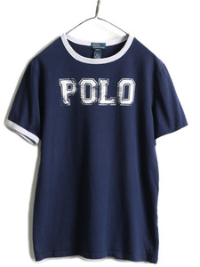 ボーイズ XL メンズ S 程■ ポロ ラルフローレン プリント 半袖 リンガー Tシャツ 古着 POLO プリントT ロゴT 半袖Tシャツ 2トーン 紺 灰