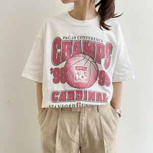 【87】カーディナル Tシャツ 90s バスケットボール バスケ 白T スタンフォード大学 CHAMPS CARDINAL PAC10 ヘインズタグ Lサイズ 古着