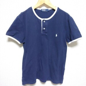 Polo by RalphLauren M ヘンリーネック リンガーTシャツ 鹿の子 リンガーポロシャツ ラルフローレン ポロラルフローレン ビンテージ 紺×白