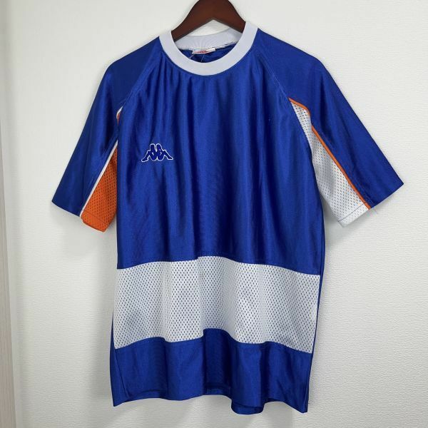 Kappa カッパ メンズ 半袖 トップス Tシャツ スポーツ ウェア Fサイズ メッシュ 青色 ブルー オレンジ ホワイト ロゴ バックデザイン 丸首