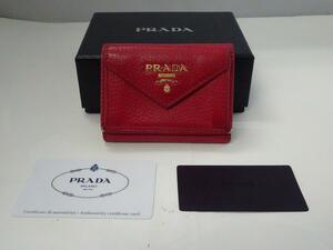 BFQ5★プラダ/PRADA ヴィッテログレイン 3つ折り財布 コンパクト ウォレット ロゴ レッド 箱 ギャランティカード