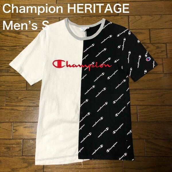 【送料無料】Champion HERITAGE 半袖Tシャツ白黒総柄　メンズSサイズ　チャンピオンヘリテージ単色タグ