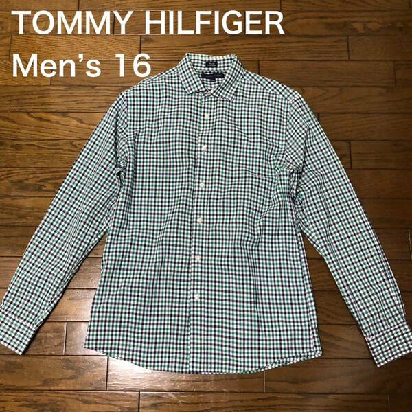 【送料無料】TOMMY HILFIGER長袖シャツ 緑白青チェック　メンズ16サイズ　トミーヒルフィガー