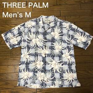【送料無料】THREE PALMシルク100%半袖アロハシャツ総柄　メンズMサイズ　ハワイアン