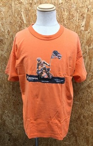 ※ブランド不明 インポート古着 Tシャツ 両面プリント バイクレーシング MOTOCYCLE 丸首 カットソー 半袖 オレンジ メンズ