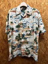 ELEL men's アロハシャツ 半袖 ハマカラー オープンカラー 胸ポケット付き フレンチフロント 波 ヤシの木 海 2L マルチカラー メンズ_画像1