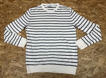 アローズ UNITED ARROWS green label relaxing ニット セーター 若干薄手 丸首 ボーダー 長袖 麻100% S オフホワイト×ネイビー レディース_画像1