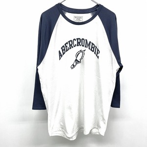 Abercrombie＆Fitch アバクロンビーアンドフィッチ M メンズ Tシャツ ロゴプリント 7分袖 ラグラン 綿×ポリ ネイビー×ヘザーホワイト 紺
