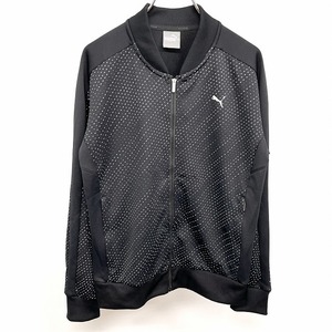 PUMA 若干薄手 カットソーブルゾン ジップジャケット 裏毛 斜めのドット風ストライプ 長袖 ポリ100% L ブラック×ホワイト 黒 レディース