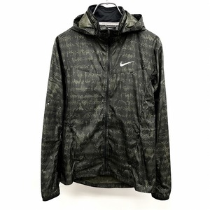 ナイキ NIKE 薄手 ジップアップ ジャケット 裏地無し 総柄 フード脱着可 脇にベンチレーションホール 長袖 ポリ100% S 緑系 レディース