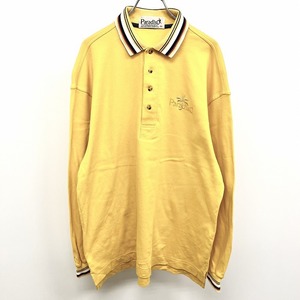 パラディーゾ PARADISO ポロシャツ Tシャツ生地 ロゴ刺繍 ヤシの木 英字 長袖 日本製 綿100% M イエロー×ネイビー×ブラウン 黄色 メンズ