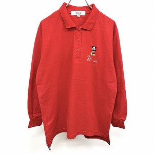 ディズニースポーツ Disney SPORTS ポロシャツ 鹿の子 ミッキーマウスの刺繍 英字 長袖 日本製 綿100% L オレンジレッド系 赤系 メンズ