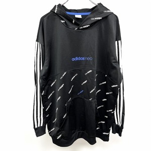 adidas NEO プルオーバーパーカー ロゴ柄プリント 内側が微起毛 長袖 ポリ100% XL (OT) ブラック×ネイビー×ホワイト 黒 レディース