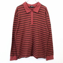 コムサイズム COMME CA ISM ポロシャツ カットソー Tシャツ生地 ボーダー ドットボタン 長袖 綿100% L レッド系×ブラウン 赤×茶 メンズ_画像1