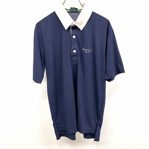 Whole Earth Collection 若干薄手 微起毛 ラガーシャツ ポロシャツ ロゴ刺繍 半袖 日本製 ポリ100% M ネイビー×オフホワイト 紺 メンズ