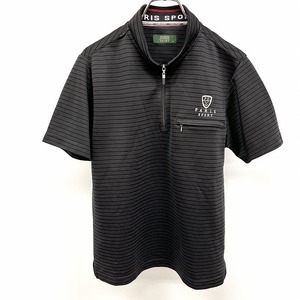 パリススポーツ PARIS SPORT ゴルフシャツ ハーフジップ ボーダー ロゴ刺繍 半袖 ポリ100% M ブラック×グレー グレー系 レディース
