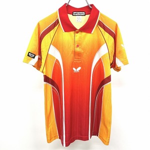 バタフライ Butterfly 卓球 ポロシャツ ラインデザイン ロゴ刺繍 ラグラン 半袖 ポリ100% S レッド×オレンジ×シルバー メンズ 男性