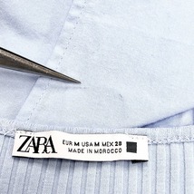 ザラ ZARA 首紐 胸リブチュニック フレアスカート 無地 裏地無し ポケット口にギャザー ノースリーブ 綿100% M ブルー系 青系 レディース_画像3