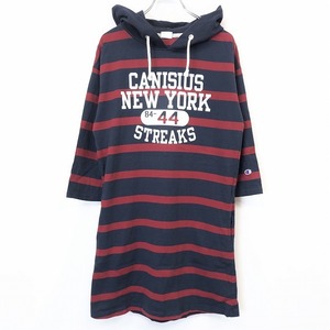 チャンピオン Champion Tシャツチュニック ワンピース パーカー ボーダー フットボール プリント 7分袖 綿100% L 紺×赤 レディース