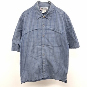 Columbia シャツ ドットボタン チェック 両胸ジップポケット 半袖 ボックスカット 綿100% XS ネイビー×ブラウン×ホワイト 紺 メンズ