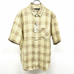 ニコアンド 【新品】niko and ... シャツ チェック フレンチフロント 半袖 麻100%(delave Linen デラヴェリネン) L 黄×茶×白 メンズ