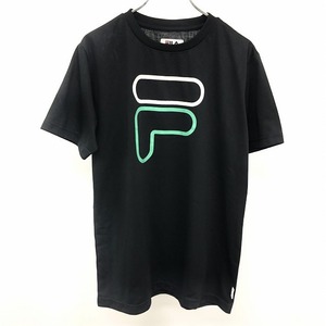 フィラ FILA Tシャツ カットソー ロゴプリント 丸首 クルーネック 半袖 ポリ100% M ブラック×ホワイト×グリーン 黒 メンズ 男性