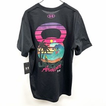 アンダーアーマー 【新品】UNDER ARMOUR Tシャツ 両面プリント サーフィン ヤシの木 波乗り 半袖 L ブラック×ピンク×グリーン 黒 メンズ_画像1