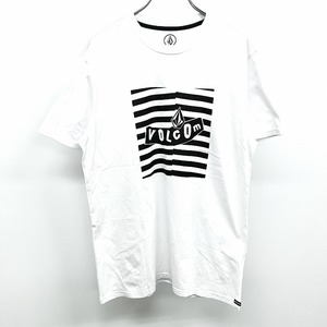 ボルコム VOLCOM Tシャツ カットソー プリント ロゴ 英字 ボーダー 丸首 クルーネック 半袖 綿100% L ホワイト×ブラック 白 メンズ 男性