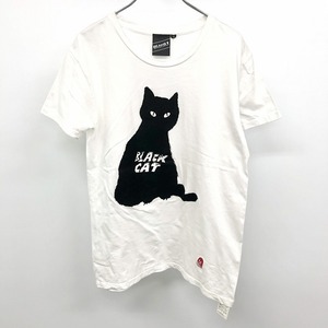 BEAMS T Tシャツ フロッキープリント 黒ネコ BLACK CAT BLACK HUMOUR スカル刺繍 半袖 綿100% M ヘザーホワイト×ブラック 白 レディース