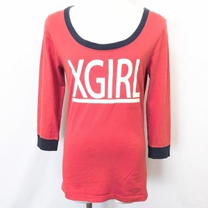 エックスガール X-GIRL Tシャツ カットソー フロッキープリント ロゴ ジュエルネック 7分袖 綿100% 2 サーモンピンク レディース 女性