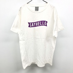 セイハロー SAYHELLO Tシャツ カットソー ロゴプリント 英字 文字 ボーダー 丸首 半袖 綿100% M ヘザーオフホワイト 杢白系 メンズ 男性