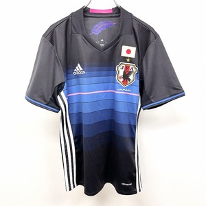 adidas サッカー Tシャツ JFA 日本代表 サムライブルー 刺繍 ボーダー 半袖 ポリ100% L 黒×ピンク×青×白 メンズ(レディース？)
