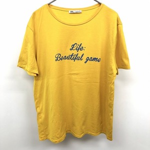 ザラ ZARA Tシャツ カットソー プリント 英字 文字 『Life: Beautiful game』 丸首 半袖 綿100% L イエロー 黄色 レディース(メンズ？)