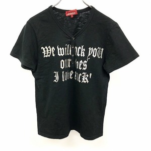 セマンティックデザイン semantic design Tシャツ Vネック ヘンリーネック シルバープリント 半袖 綿100% M ヘザーブラック 黒 レディース