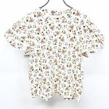 ザラ ZARA Tシャツ パフスリーブ 袖が別生地 花柄 丸首 半袖 綿100% S ヘザーオフホワイト×ピンク×グリーン×ブルー 杢白系 レディース_画像1