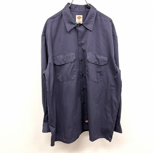 ディッキーズ Dickies シャツ ロゴパッチ フライフロント 両胸フラップポケット 長袖 ボックスカット ポリ×綿 L ネイビー 紺 メンズ 男性