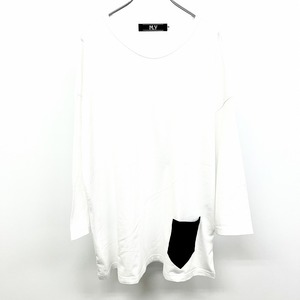 マイ エムワイ M.Y 裾ポケットビッグTシャツ チュニック カットソー 無地 丸首 長袖 日本製 綿100% F ホワイト×ブラック 白 レディース