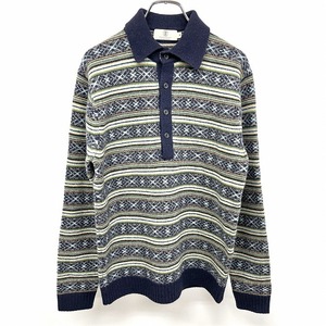 UNITED ARROWS DARJEELING DAYS ニットポロ セーター ボーダー 長袖 ウール×ナイロン M 紺×緑×杢グレー×黄 紺 メンズ(レディース？)