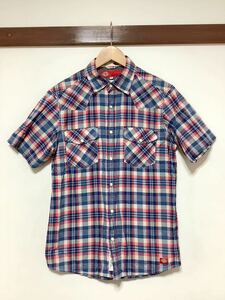 て1110 Dickies ディッキーズ チェック半袖シャツ 半袖ウエスタンシャツ M スリムフィット ネイビー/ピンクレッド