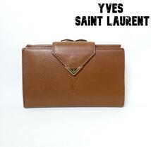 美品 YVES SAINT LAURENT イヴサンローラン がま口 二つ折り 財布 ミドルウォレット レザー YSL ロゴ 茶 ブラウン_画像1