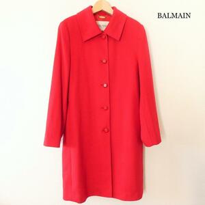 美品 BALMAIN バルマン ステンカラーコート サイズ11 ロングコート 裏地ロゴ ステッチ ロング丈 赤 レッド